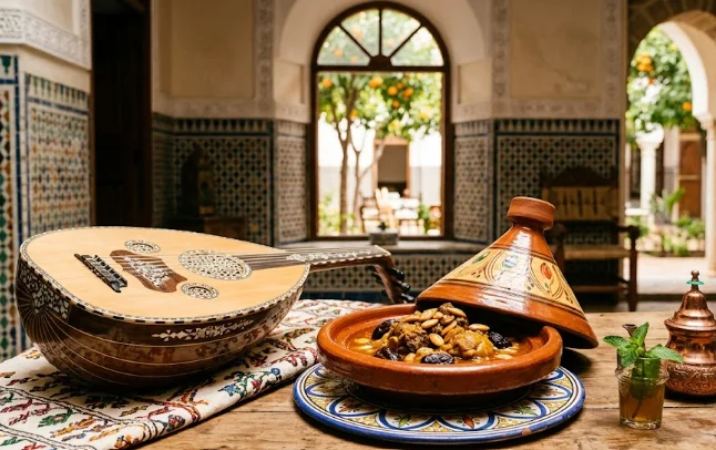 A wooden corner table set in a traditional Moroccan riad with a mosaic courtyard view, featuring a steaming lamb tagine, an oud instrument, a silver teapot, a framed portrait of Chef Kimo, an ancestral recipe book, and 'Frères Laâbi' and 'Chez Kimo' signs, representing the cultural heritage of Chef Kimo.