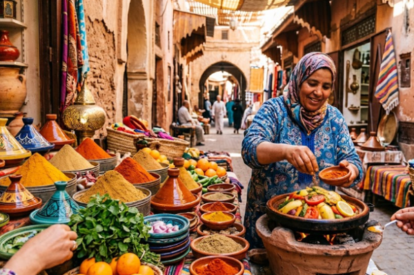Femme préparant un tajine traditionnel pendant une visite gourmande Marrakech dans les souks.