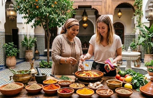 Une femme locale et une voyageuse souriante préparent un tajine traditionnel lors d'un atelier cuisine épices à Marrakech au cœur d'un riad, entourées de bols d'épices colorées.