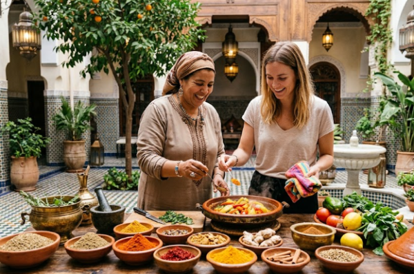Une femme locale et une voyageuse souriante préparent un tajine traditionnel lors d'un atelier cuisine épices à Marrakech au cœur d'un riad, entourées de bols d'épices colorées.