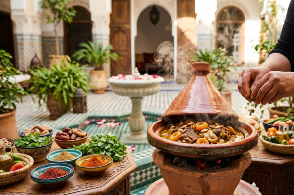 Une femme prépare un tajine traditionnel lors d'un atelier cuisine à Marrakech dans le patio fleuri d'un riad authentique.