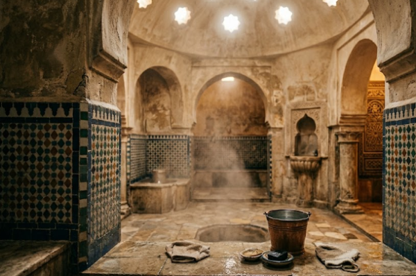 Photographie de l'intérieur en pierre d'un bain maure à Fès en activité. On voit la vapeur s'élever au-dessus d'une piscine en zelliges, avec un seau en cuivre, du savon noir et un gant de gommage au premier plan.