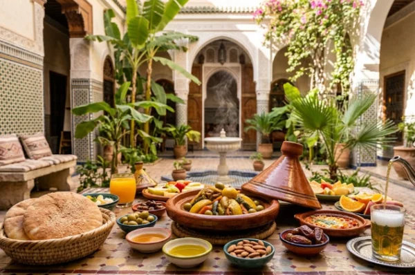 Un copieux brunch riad marrakech traditionnel servi dans un patio ensoleillé avec un tajine fumant et du thé à la menthe.