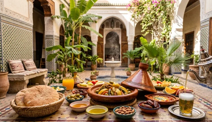 Un copieux brunch riad marrakech traditionnel servi dans un patio ensoleillé avec un tajine fumant et du thé à la menthe.