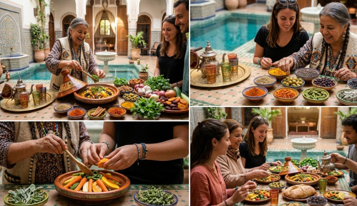 Un montage photo montrant les différentes étapes d'un cours cuisine marrakech en riad : de la sélection des épices avec le chef jusqu'à la dégustation conviviale du tajine traditionnel.