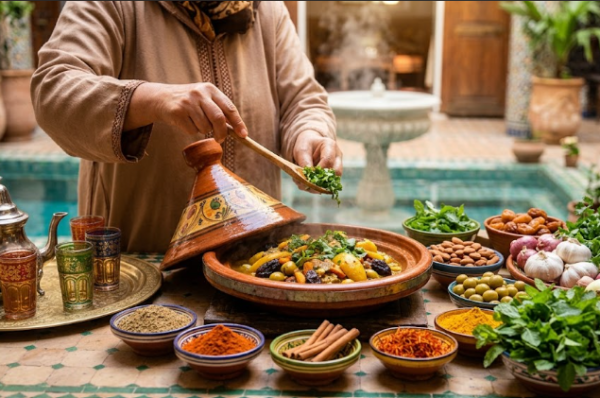 Une cuisinière marocaine anime un cours cuisine marrakech dans la cour d'un riad, ajoutant des herbes fraîches sur un tajine traditionnel entouré d'épices colorées.