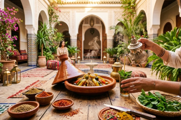 Un cours de cuisine en riad à Marrakech avec un tajine traditionnel et la préparation du thé à la menthe.