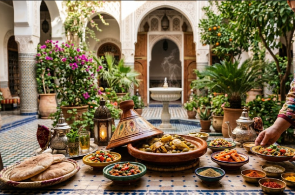 Table traditionnelle de cuisine marocaine à Fès dans le patio d'un riad, avec un grand tajine fumant, du thé à la menthe et des entrées locales servies avec hospitalité.