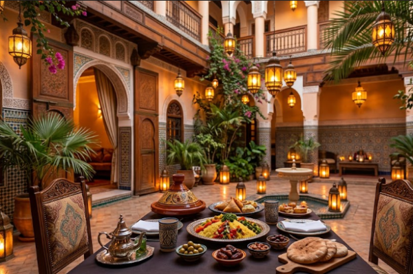 Table dressée pour un diner riad Marrakech traditionnel au coucher du soleil dans la médina.