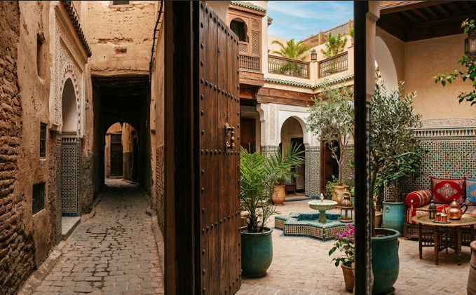 An open wooden door leading from a narrow alley into a beautiful Fes Medina Riad with a central fountain and mosaics.