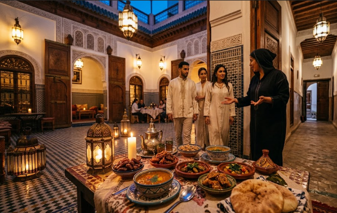 A host welcoming a small group of visitors around a traditional iftar table inside a beautifully lit courtyard riad during Ramadan in Fes.