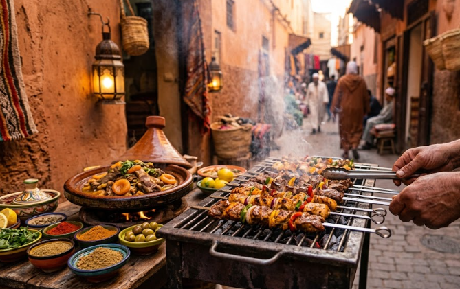 Sizzling meat skewers on a charcoal grill and a traditional tagine in a Medina alley during a Marrakech food tour.
