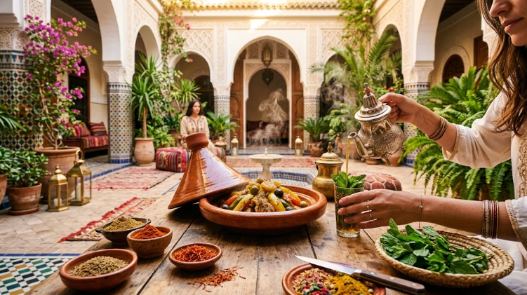 A hands-on Marrakech riad cooking class experience, showing a Moroccan tagine and mint tea being poured.