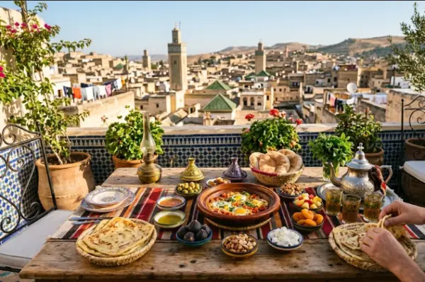 Petit déjeuner fes servi sur la terrasse d'un riad face à la médina, avec msemen, thé à la menthe et plats traditionnels marocains.