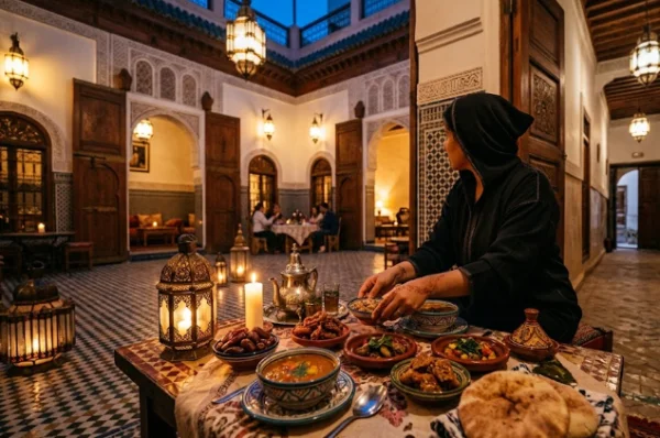 Une femme en tenue traditionnelle prépare la table de l'iftar avec de la harira et des dattes dans la cour illuminée d'un riad secret pendant le Ramadan à Fès.