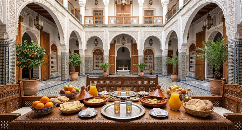 Riad breakfast in Fes featuring authentic dishes, mint tea, and flatbreads on a table inside a traditional mosaic courtyard.