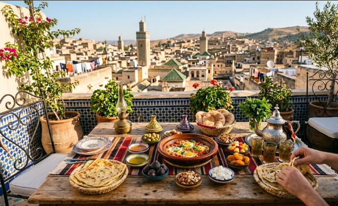 Riad breakfast in Fes served on a sunny rooftop terrace overlooking the medina, featuring traditional Moroccan food, mint tea, and msemen flatbread.
