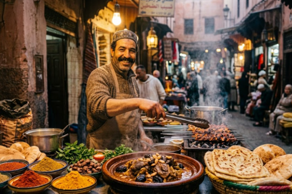 Un cuisinier souriant prépare de la street food à Marrakech au milieu d'un stand coloré de la médina avec des épices, du tajine et des brochettes.