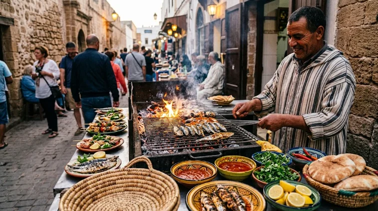 Un vendeur souriant prépare du street food à Essaouira en grillant des sardines fraîches au cœur de la médina animée.