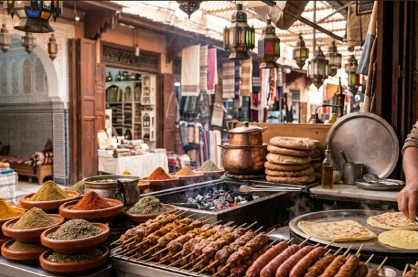 Étal de street food à Marrakech dans les souks de la médina, présentant des brochettes d'épices, des crêpes msemen sur plaque et des pyramides d'épices marocaines traditionnelles.
