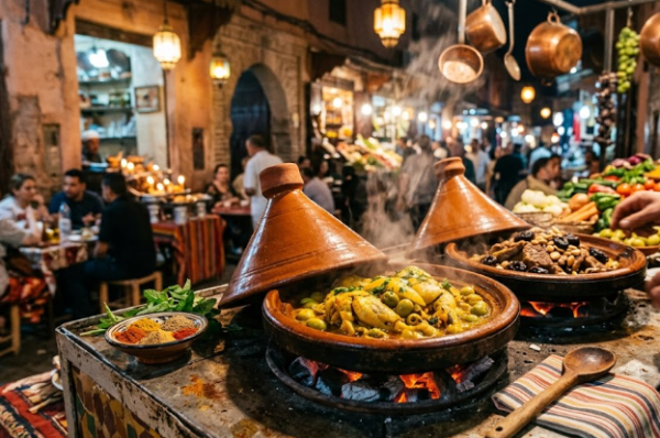 Découvrez la street food à marrakech avec des tagines traditionnels mijotant sur le feu dans un marché animé de la Médina.