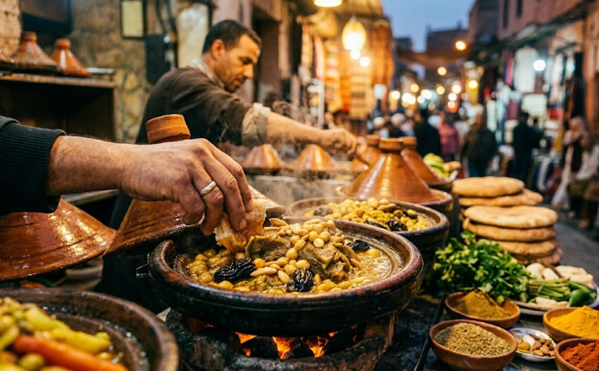 Un délicieux tagine fumant servi avec du pain frais et du thé à la menthe dans un spot de street food à Marrakech