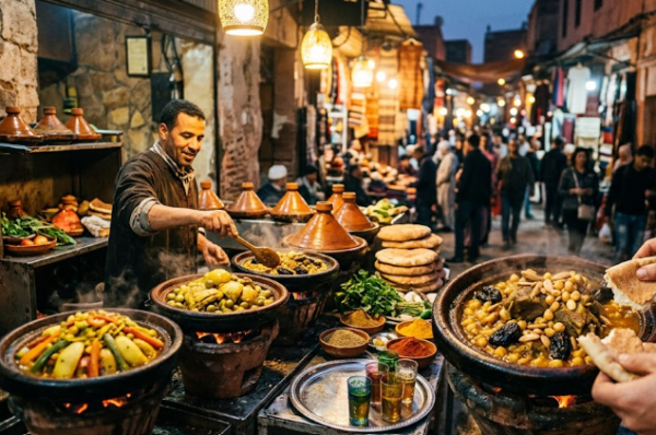 Un cuisinier marocain prépare des tagines sur un stand de street food à Marrakech en soirée