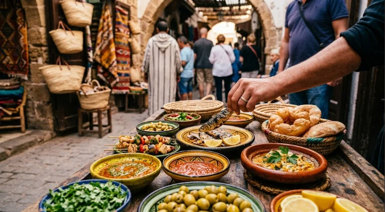 Une table en bois remplie de plats typiques du street food à Essaouira avec des sardines grillées, des olives marinées et des sauces épicées dans la médina.