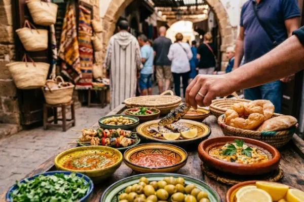 Une table en bois remplie de plats typiques du street food à Essaouira avec des sardines grillées, des olives marinées et des sauces épicées dans la médina.