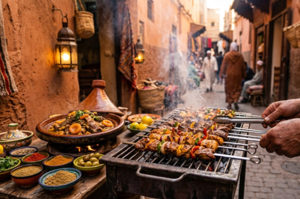 Brochettes de viande grillées sur le feu et tajine traditionnel dans une ruelle de la Médina lors d'une visite gourmande à Marrakech.