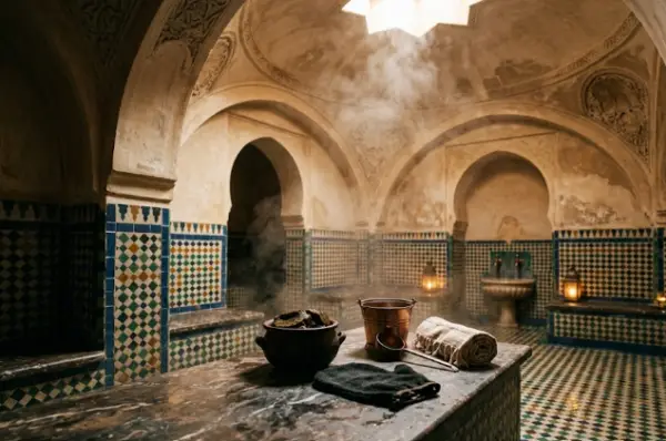 Intérieur d'un hammam à Fès dans la médina avec de la vapeur, des mosaïques traditionnelles, du savon noir et un gant de gommage kese.