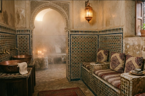 Guide de l'Authentique Hammam à Marrakech : Les Secrets du Rituel en Médina. Intérieur traditionnel avec bassins en cuivre et carrelage zellige, avec panneaux calligraphiés.