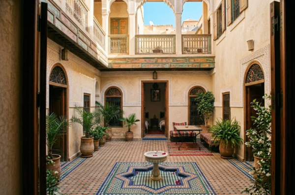 Vue sur la cour intérieure traditionnelle d'un riad à Fez avec patio en zelliges et fontaine centrale.