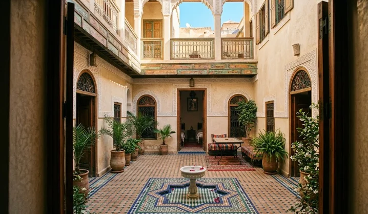 Vue sur la cour intérieure traditionnelle d'un riad à Fez avec patio en zelliges et fontaine centrale.