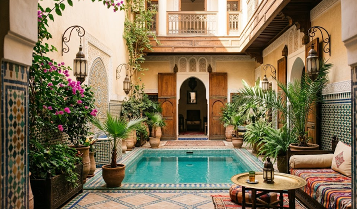 Traditional inner courtyard of a riad in Marrakech featuring a central mosaic plunge pool, lush green plants, bougainvillea, and a cozy Moroccan seating area.