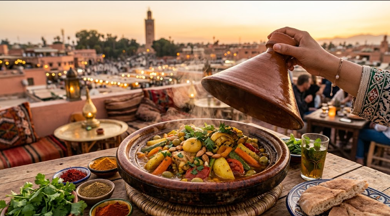 A steaming earthenware pot revealing the best tagine in Marrakech with lamb, vegetables, and olives on a terrace at sunset.