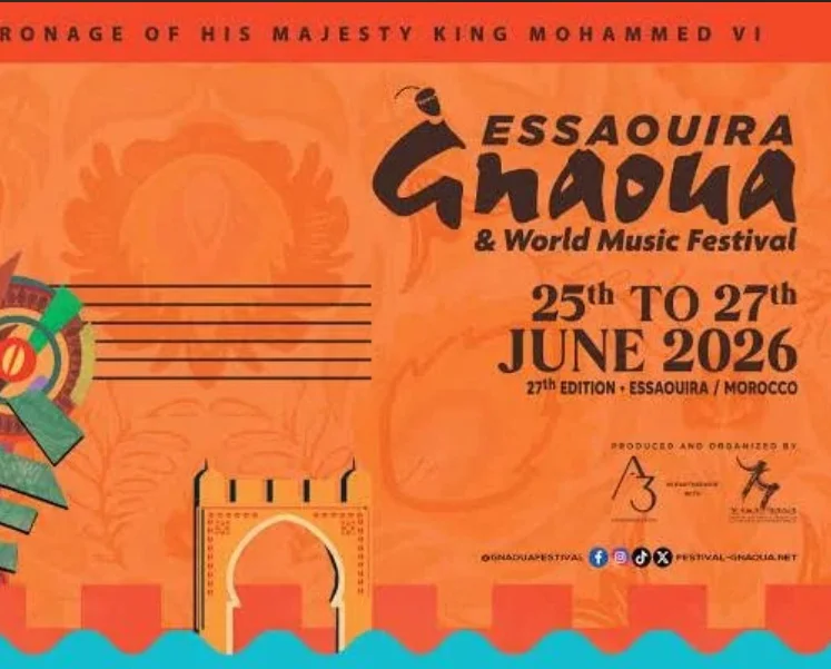 Official Gnaoua Festival 2026 poster with dates June 25th to 27th