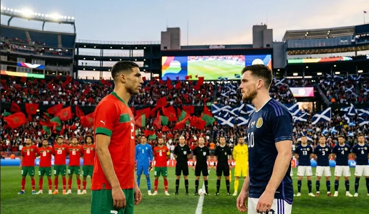 Face-à-face entre Achraf Hakimi et le capitaine de l'Écosse dans un stade plein pour le match Maroc vs Écosse du Mondial 2026.