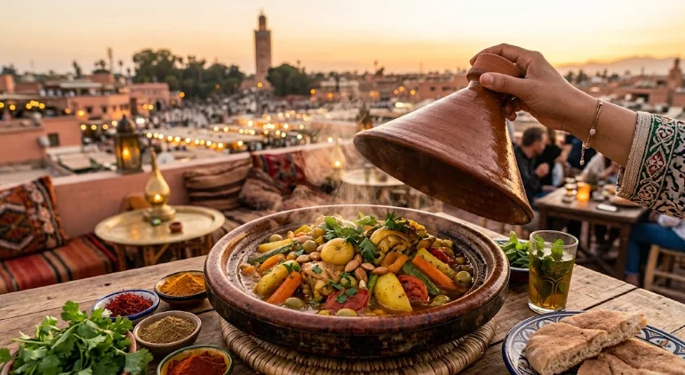 Un plat en terre cuite fumant dévoilant le meilleur tajine à Marrakech aux légumes et agneau, servi sur une terrasse au coucher du soleil.