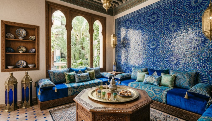 Close-up photograph of a curved column covered in authentic blue and green Moroccan Zellige tiles, showing natural imperfections and glaze variations.