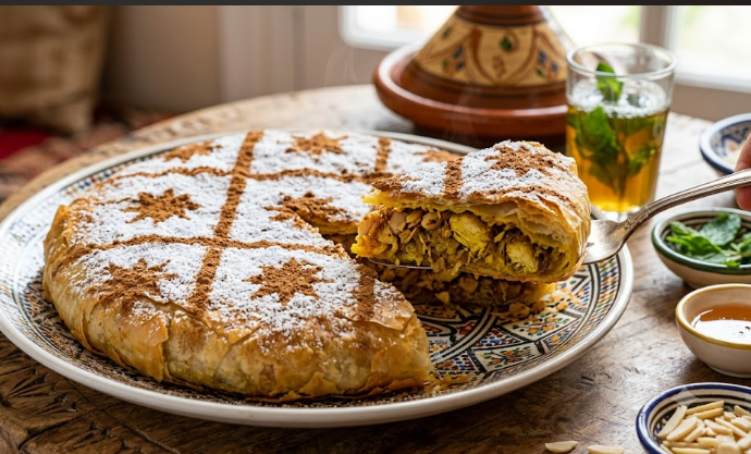 Une délicieuse pastilla marocaine traditionnelle, dorée au four et saupoudrée de sucre glace et de cannelle.