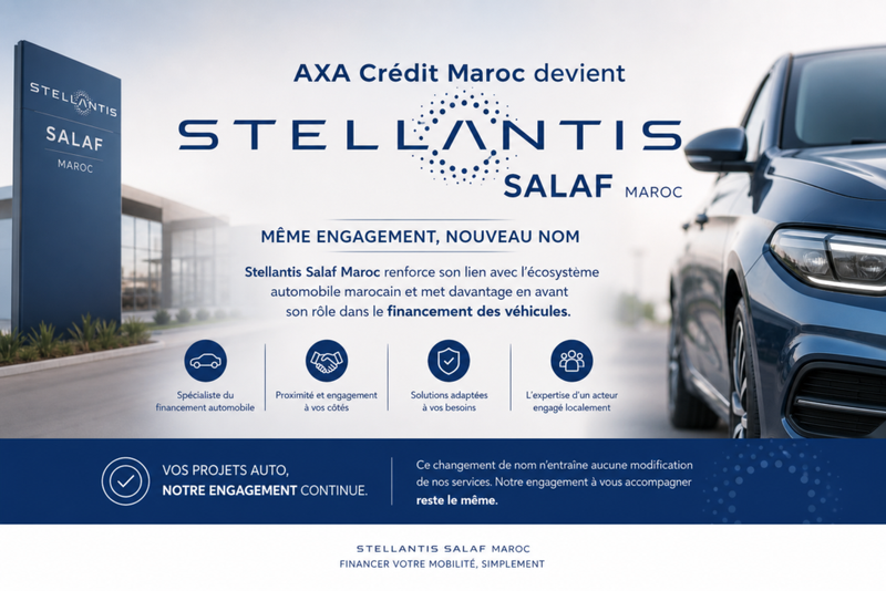 Affiche annonçant qu’AXA Crédit Maroc devient Stellantis Salaf Maroc, avec un véhicule et un bâtiment en arrière-plan