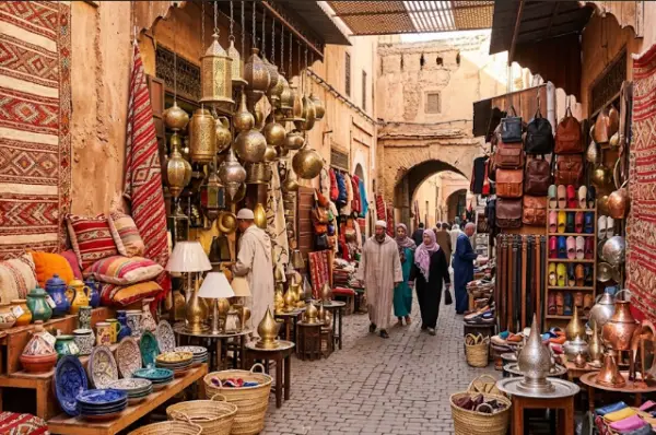 Boutique de l'artisanat marocain dans une ruelle de la médina avec des tapis berbères, des lanternes en cuivre ciselé, des poteries et de la maroquinerie traditionnelle.