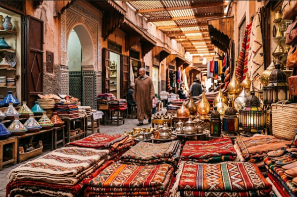 Un étalage riche en artisanat marocain au sein d'un souk traditionnel, présentant des tapis tissés main, des poteries en céramique colorée, des lanternes en cuivre et des articles en cuir.