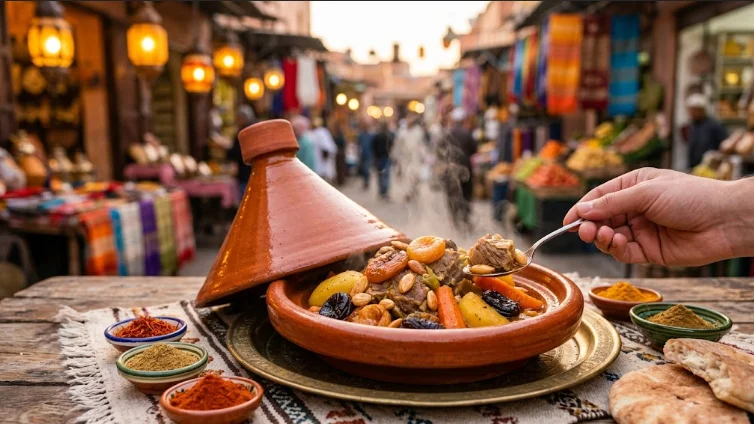 A traditional steaming dish representing the best tagine in marrakech, served on a wooden table in the vibrant souks of the medina.