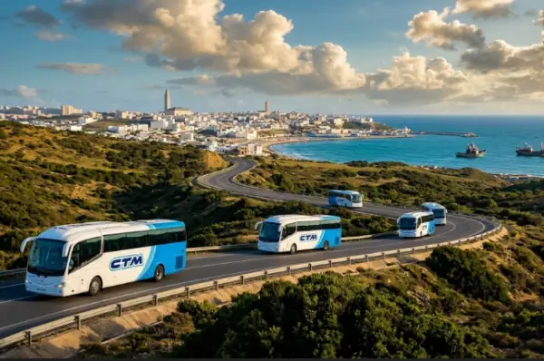 Bus de la compagnie CTM roulant sur l'autoroute marocaine avec la mer et une ville côtière en arrière-plan.