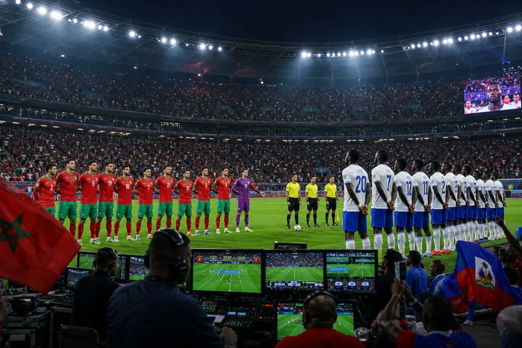 Cérémonie d’avant-match de football dans un stade plein, avec les équipes du Maroc et d’Haïti alignées face aux arbitres