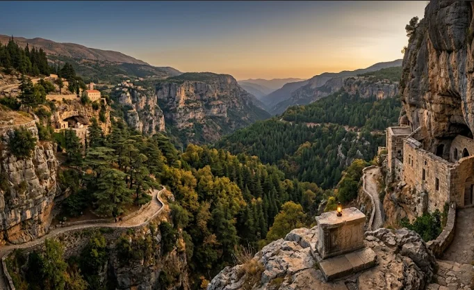 Holy Kadisha Valley in Lebanon at sunset, representing the spiritual origins of the name Charbil.