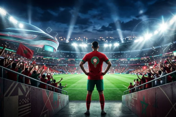Un joueur des Lions de l'Atlas de dos regardant un grand stade plein pour la coupe du monde 2026.