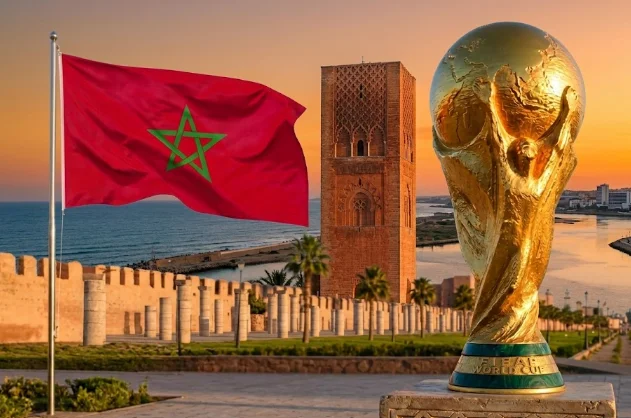 Le trophée de la Coupe du monde et le drapeau marocain devant la Tour Hassan à Rabat